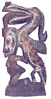 [Kneeling ancestor figure with bird-crocodile standing behind with its feet on the ancestor's shoulders: 21k]