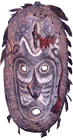 [Clan mask with wicker edge trimmed with cassowary feathers: 16k]