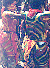 [Closeup of double circle of dancers in full red, yellow, white and black striped body paint: 37k]