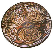 [Koiwat pot with curvilinear incised design colored after firing with yellow, orange and white ochres: 19k]