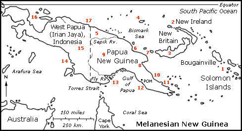 [Map of Melanesian art areas including New Guinea, New Ireland and New Britain, Solomon Islands: 10k]