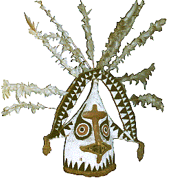 [Conical eharo mask made of tapa cloth with a feather stick arc headdress radiating from the top: 17k]