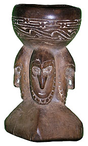 [Wood betel nut mortor with four Lower Sepik River faces: 31k]