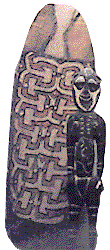 [Asmat shield, collected on the Brazza River, covered with a maze-like fish pattern): 14k]