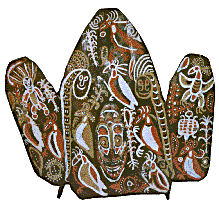 [Keram River canoe shield made of 3 pieces of sago bark and a mask, painted with red, white and yellow ochre designs of birds, etc: 18k]