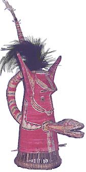 [Sulka susu gitvung cone-shaped pith mask painted with bright pink pollen, a cassowary feather top knot and a striped snake emerging from behind the mask through its mouth: 11k]