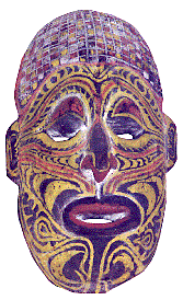 [Tambanum mask with clan designs in yellow lines: 20k]