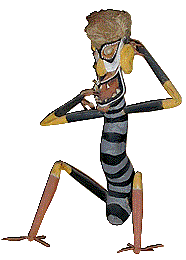 [Human figure with grey and black striped caterpillar-like body, yellow nose, ears, elbows and knees: 7k]