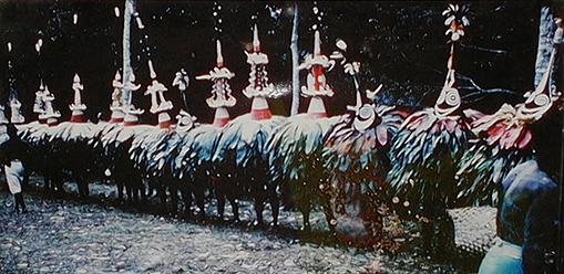 [Long line of Tolai dancers wearing conical tubuan and duk duk masks: 39k]