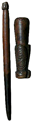 [Highly patinaed Trobriand ebony betel-nut mortar with bird design and pestle with man's head: 11k]